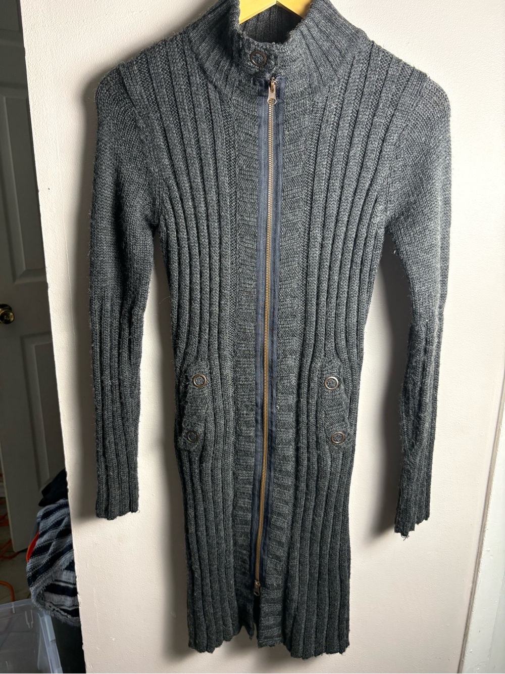 Dex Fresh Heavy Ribbed Knit Long Zip-Front Cardigan Charcoal Sweater Small